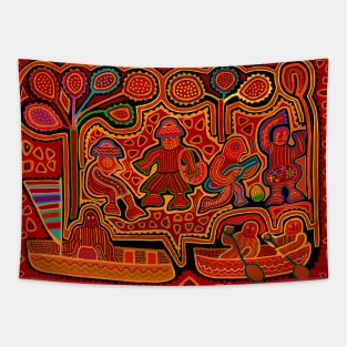 Kuna Indian Mola Men in Boats - Red Tapestry