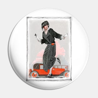 Art Deco Lady With Red Vintage Car Pin