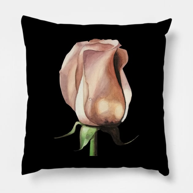 Pink Rose Bud Watercolor Painting Pillow by Lady Lilac