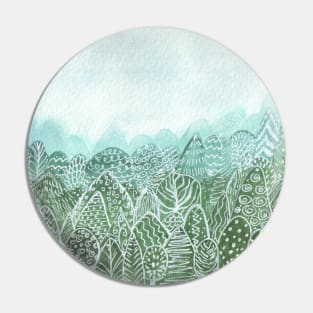 Misty forest landscape in green monochrome Pin