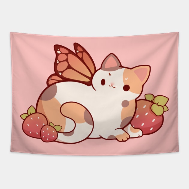 Fairy calico cat with strawberries Tapestry by Rihnlin