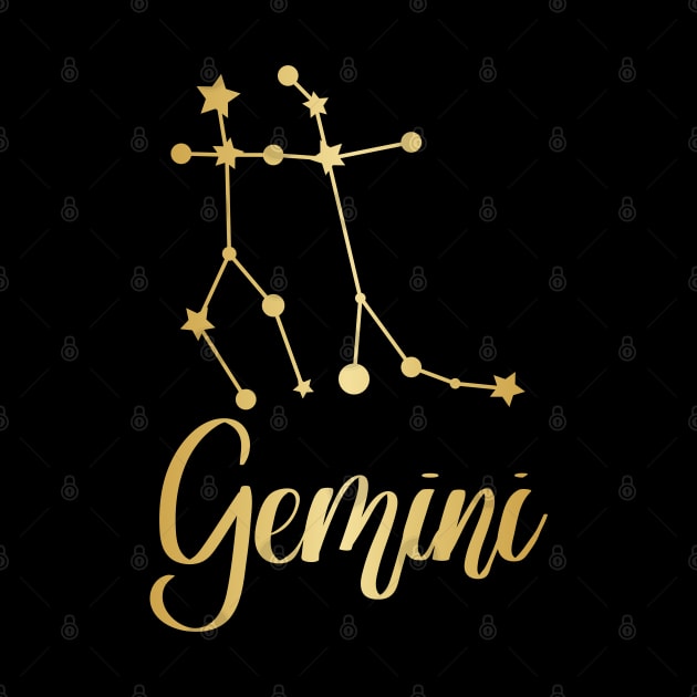 Gemini Zodiac Constellation in Gold - Black by Kelly Gigi