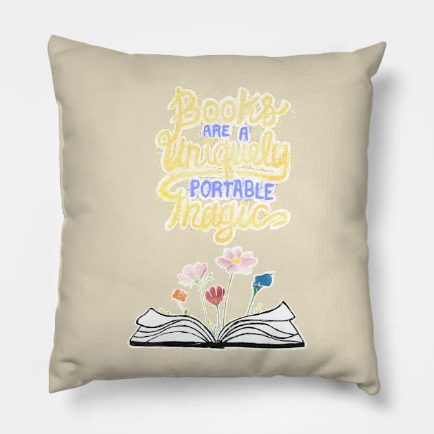 Books are unique portable magic - pink Pillow by Uwaki