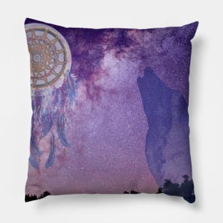 Wolf Howling at Moon with Dreamcatcher Pillow