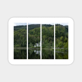 Wonderful landscapes in Norway. Vest-Agder. Beautiful scenery of whtite Gyland church reflecting in the lake. Mountains, road and trees in the background Magnet