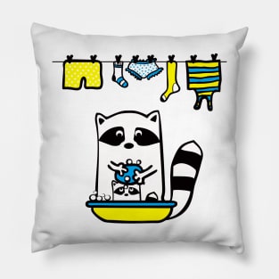 Raccoon rinser. A large raccoon bathes a small raccoon, lathers it Pillow
