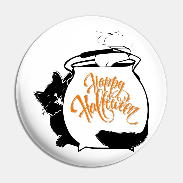 A funny Cat Behind Cauldron, Happy Halloween Lettering Holiday Calligraphy, Halloween Celebration, Halloween Event, Halloween Party 2021 Pin by Modern Art