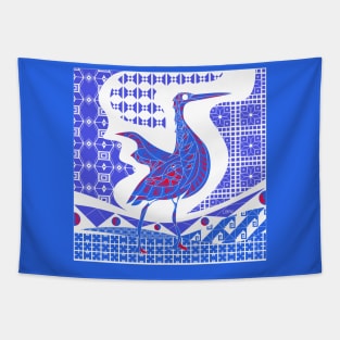 egret bird in talavera nest in mexican pattern art ecopop in blue dark Tapestry