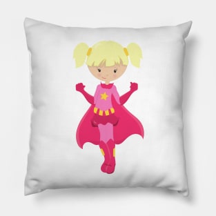 Superhero Girl, Blonde Hair, Pink Cape, Cute Girl Pillow