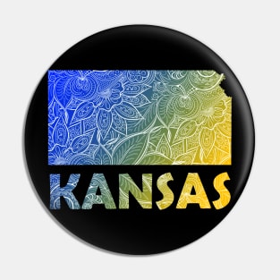 Colorful mandala art map of Kansas with text in blue and yellow Pin