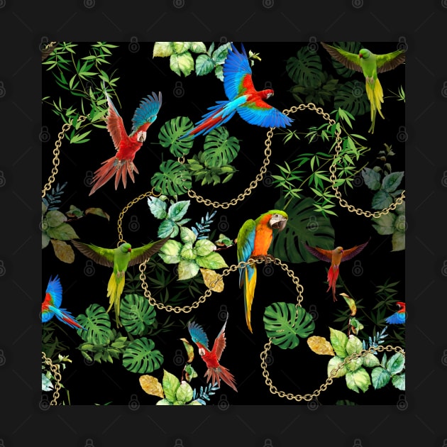 Parrots with gold chains and tropic leaves by ilhnklv