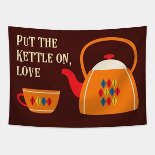 Put the kettle on, love - vintage teapot with retro text (light text) Tapestry