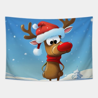 Reindeer with Santa Hat and Red Scarf Standing and Waiting for Christmas Tapestry