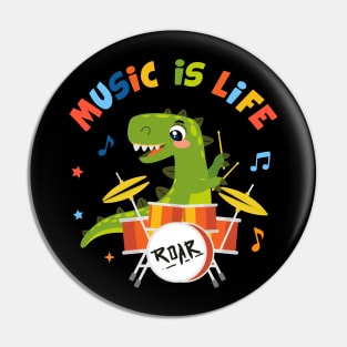 Music is life T-rex dinosaur playing drums Pin