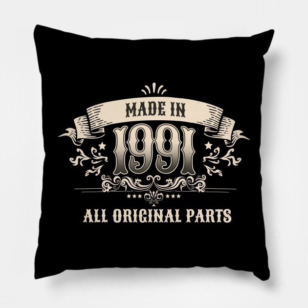 Retro Vintage Birthday Made In 1991 All Original Parts Pillow by star trek fanart and more