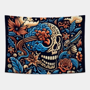 skull, flowers, brain and the moon Tapestry