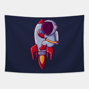 Cute Astronaut Hugs Rocket Cartoon Tapestry