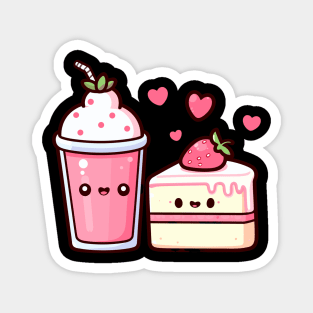 Kawaii Strawberry Milkshake and Strawberry Cake with Hearts | Kawaii Lovers Design Magnet