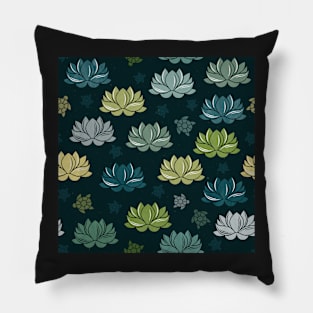 green water lilies on black background Pillow