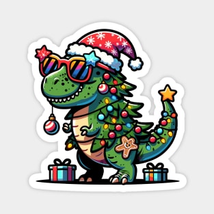 Tree-Rex Holiday Dinosaur - Christmas Tree T-Rex TreeRex Pun with Santa Hat, Lights and Ornaments Magnet