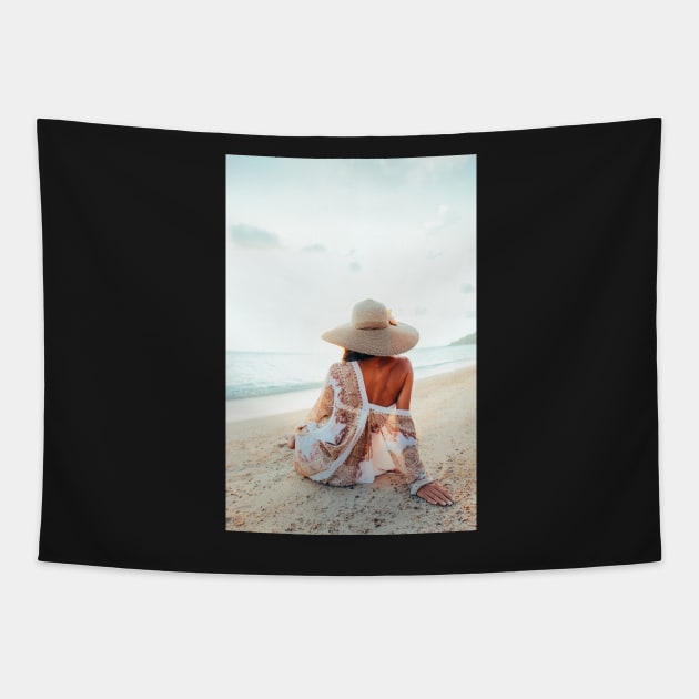 Elegant Woman Sitting on Beach and Watching the Ocean Tapestry by visualspectrum