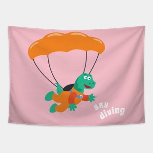 cartoon illustration of skydiving with litlle dinosaur Tapestry