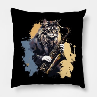 Maine Coon Cat Playing Saxophone Pillow