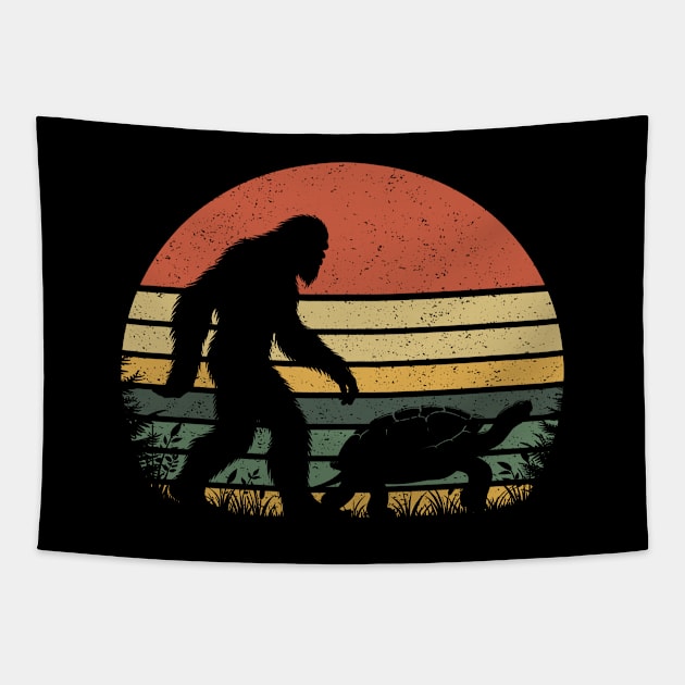 Bigfoot Walking With a Turtle Vintage Distressed Sunset Hiking Tapestry by Cuteness Klub