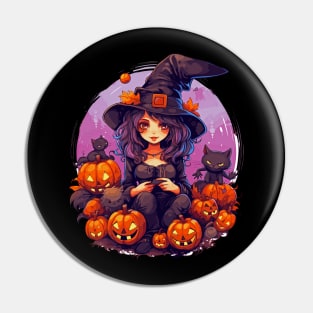 Halloween Witch Black Cats Jack-o-Lanterns Pin