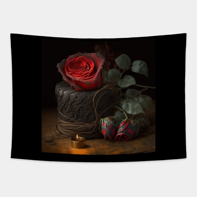 Vintage red rose with black lace on a hat Tapestry by RavenWolfMoon Designs