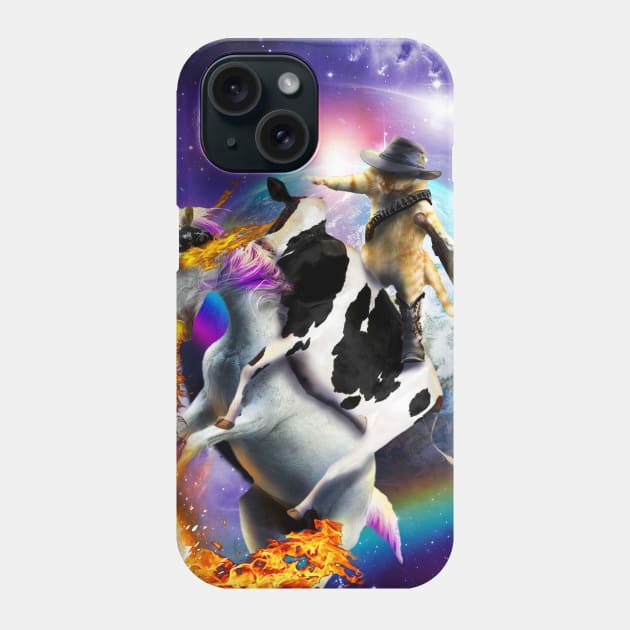 Space Galaxy Cowboy Cat On Cow Unicorn, Rainbow Fire Funny Phone Case by Random Galaxy