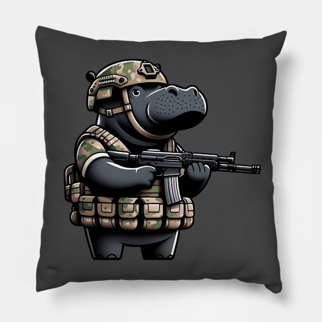 Tactical Hippo Pillow by Rawlifegraphic