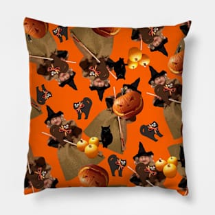 Doll Witch Black Cat and Pumpkins Tossed on Orange Repeat 5748 Pillow
