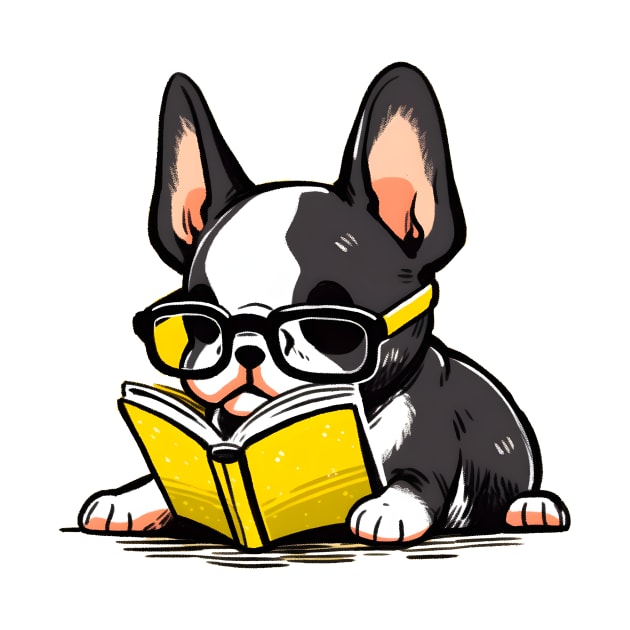 Boston Terrier With Glasses Reading a Book by xuanxuanshop