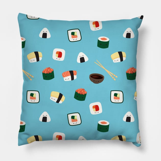 Kawaii sushi pattern blue happy nigiri salmon Pillow by UniFox