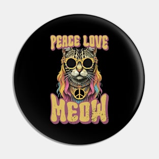 Peace Love Meow, Retro Groovy Style Hippie Cat Lover Design Pin