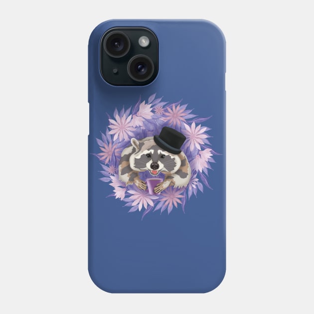 Raccoon with purple flowers with a mug of coffee. Watercolor Phone Case by KateQR