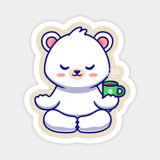 Cute Baby Polar Bear Meditation With Coffee Cup Cartoon Magnet