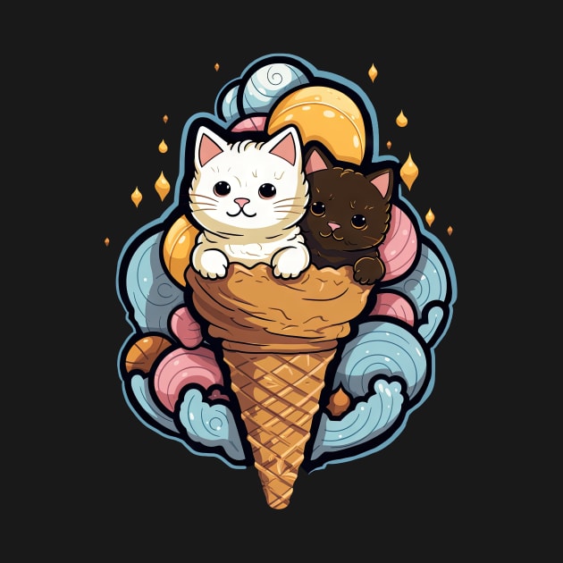 Pink & Blue Cat Ice-Cream Delight: Doodle Art Flat Color by YUED