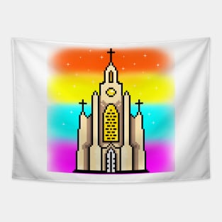 Rainbow church pixel art style Tapestry