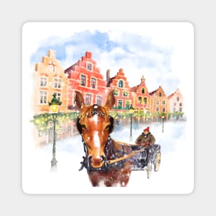 Horse carriage on Christmas Markt square in Brugge, Belgium Magnet