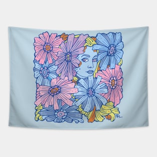 Blue and Pink Dense Blossoms Tapestry