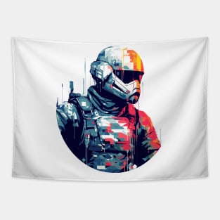 Man With Helmet Video Game Character Futuristic Warrior Portrait  Abstract Tapestry