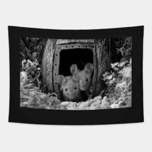 George the mouse in a log pile house - black and white Tapestry