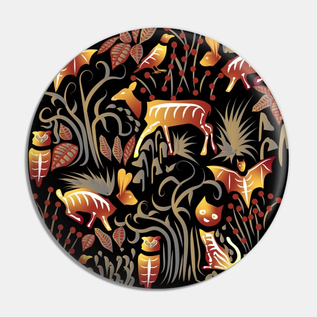 Eerie Forest- Mystical Animals in the Woods- Terracotta Red Yellow Gold Pin by Winkeltriple