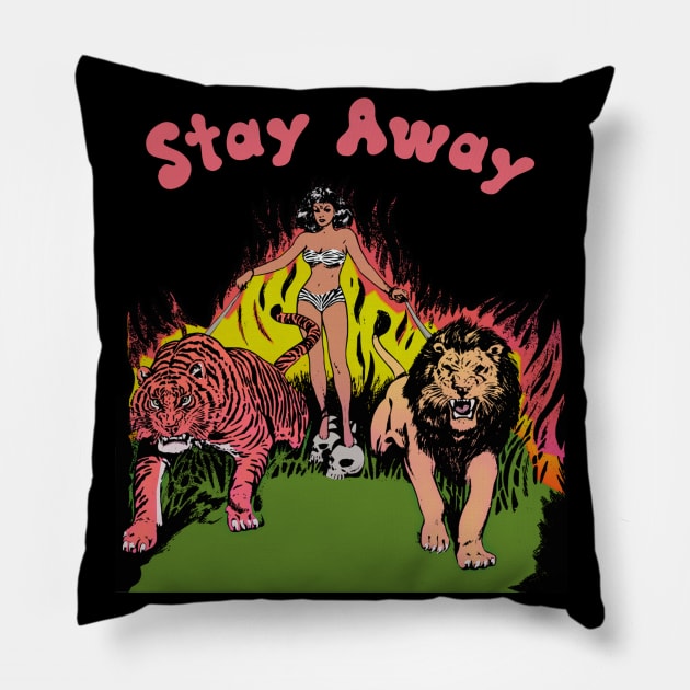 Stay Away Retro Lion Tiger and Human Woman Fighting Off Creeps Fire Cats Pillow by blueversion