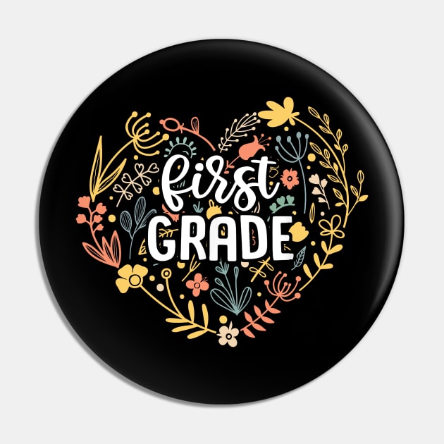 First Grade Floral Heart Back To School Pin by Marcelo Nimtz