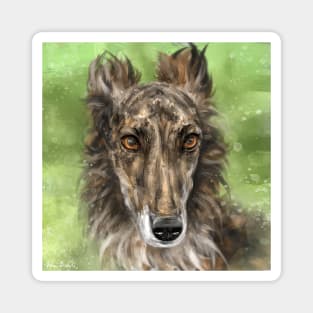 Painting of a Gorgeous Silken Windhound Brindle Coat Brown Red White on Green Background Magnet