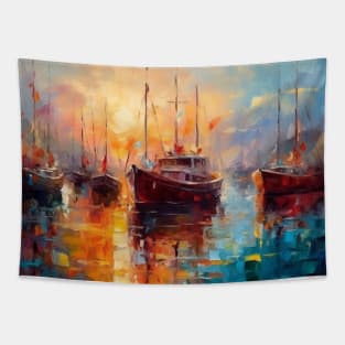 Seascape with a sailboats at sunset. Tapestry