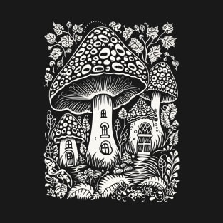 Mushroom House Village Forest Fantasy White Graphics T-Shirt